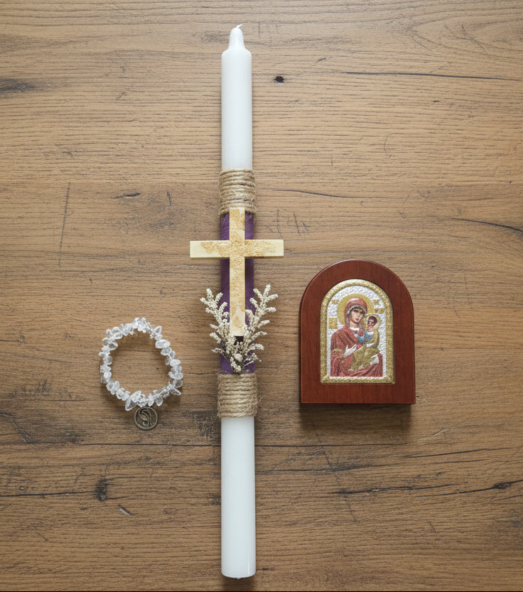 Pascha Candle with Silver-Plated Multicolor Virgin Mary Icon & Crystal Prayer Bracelet