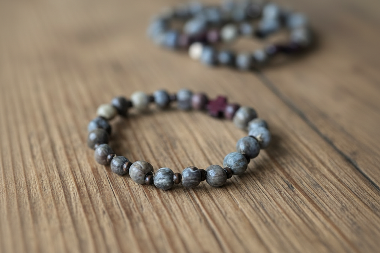 Virgin Mary Tear Bracelet with Wooden Cross