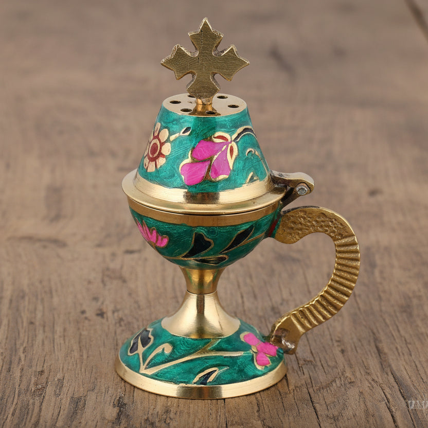 Bronze Incense Burner with Enamel-Green image 0