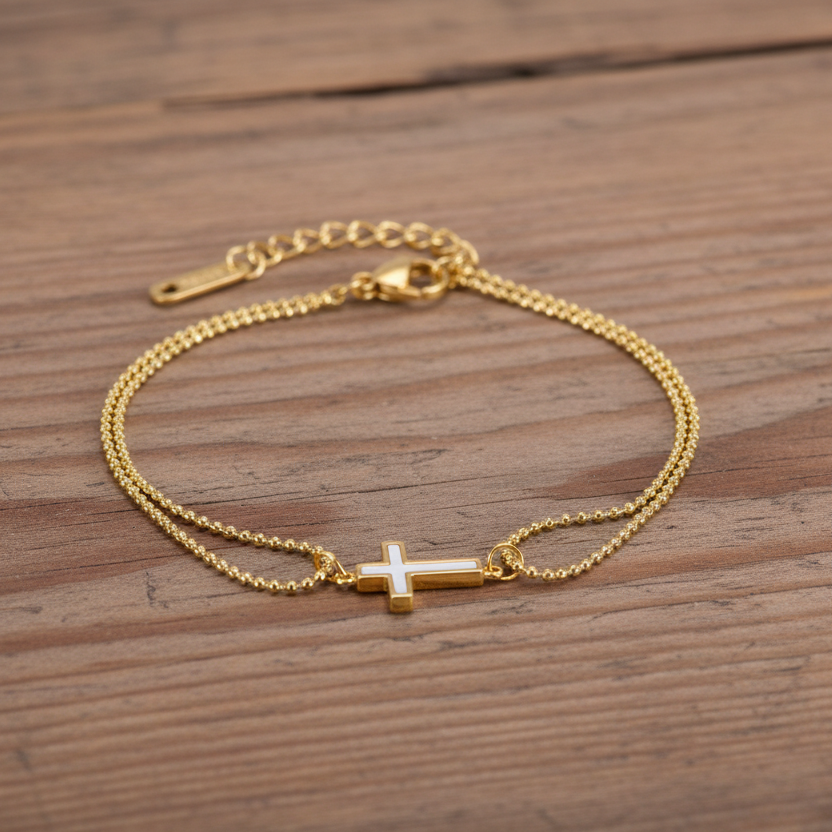 Cross Bracelet with Double Chain and Enamel