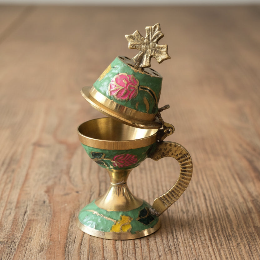 Bronze Incense Burner with Enamel-Green image 3