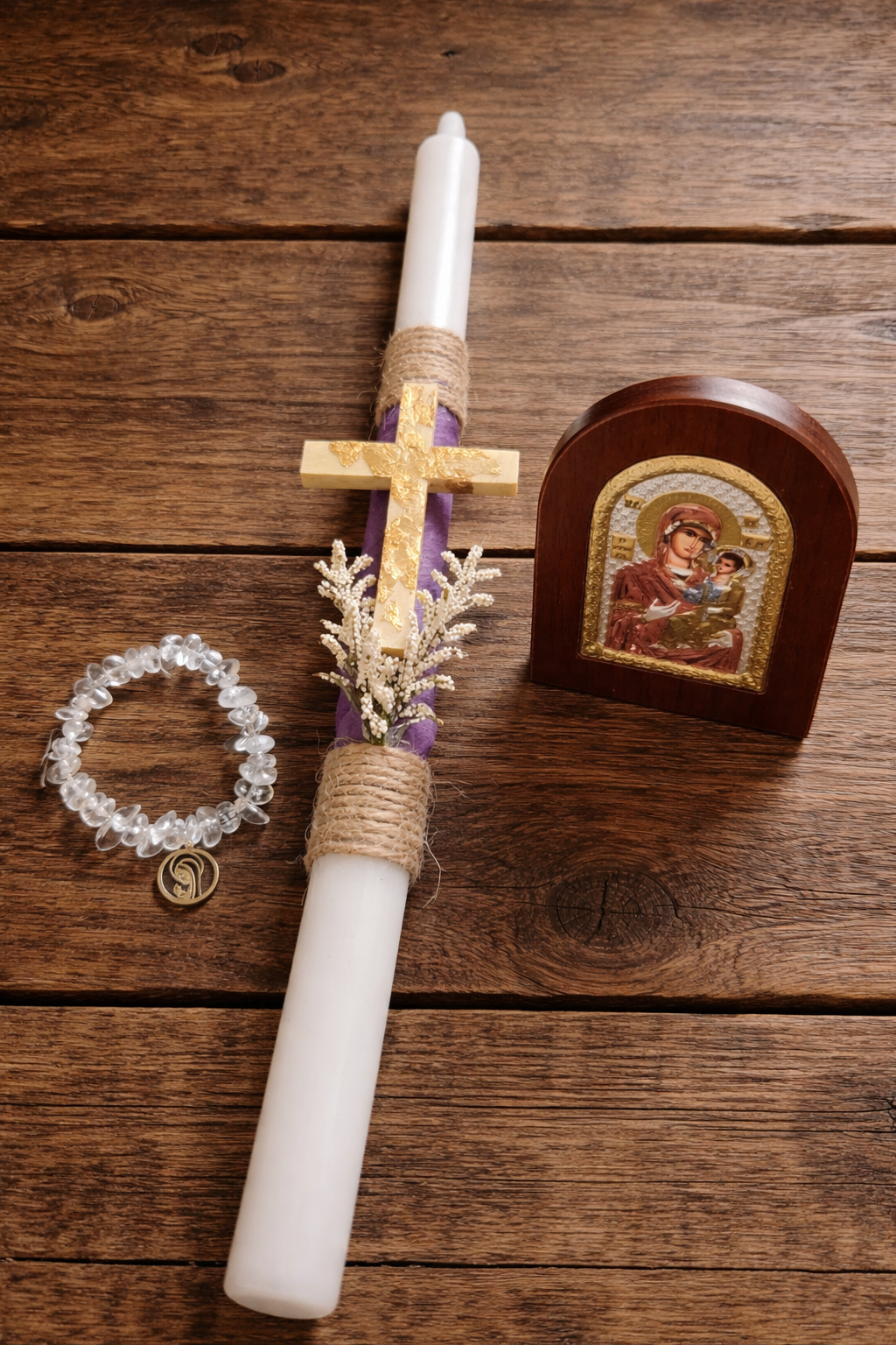 Pascha Candle with Silver-Plated Multicolor Virgin Mary Icon & Crystal Prayer Bracelet