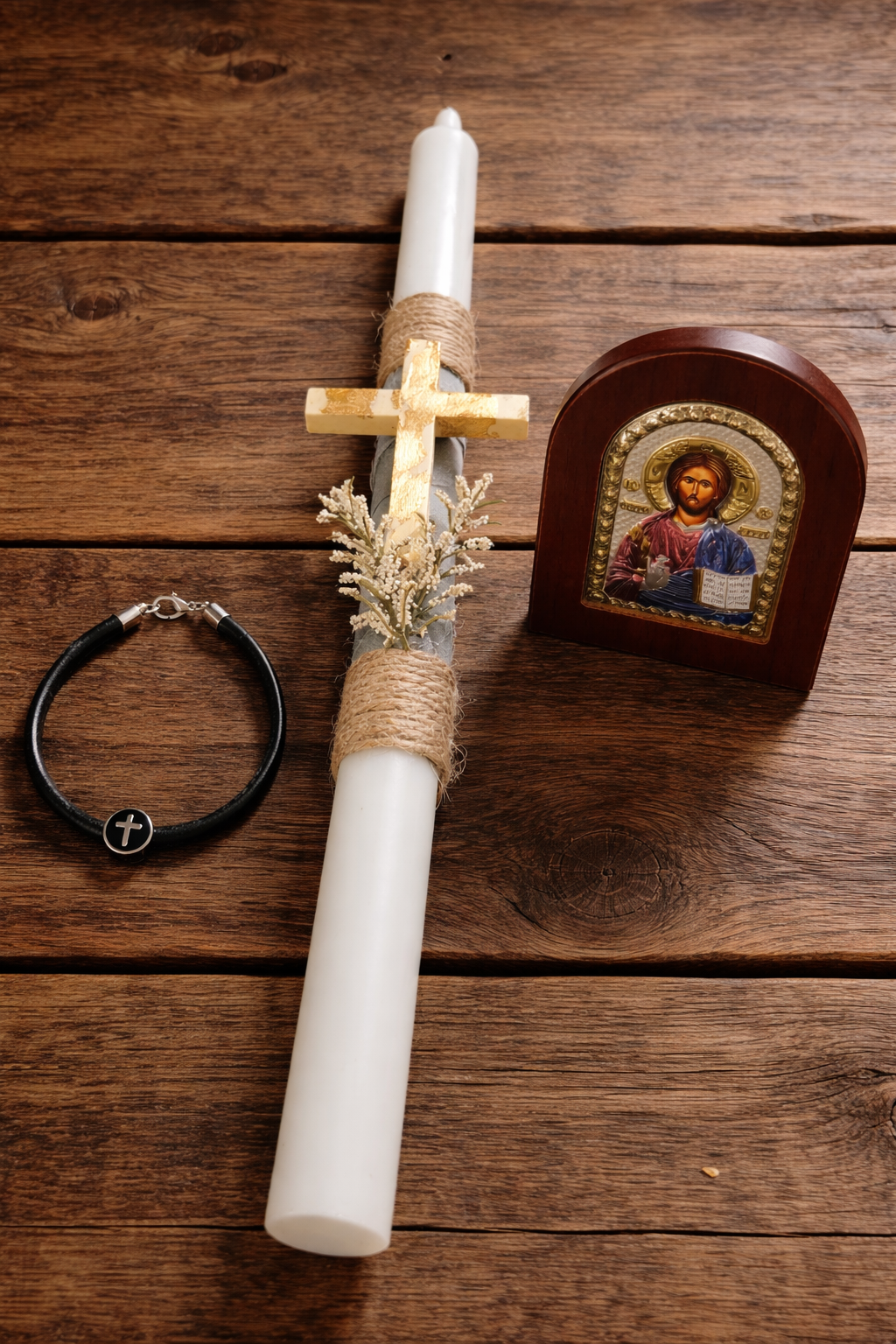 Pascha Candle, Silver-Plated Multicolor Christ Icon & Cross Bracelet