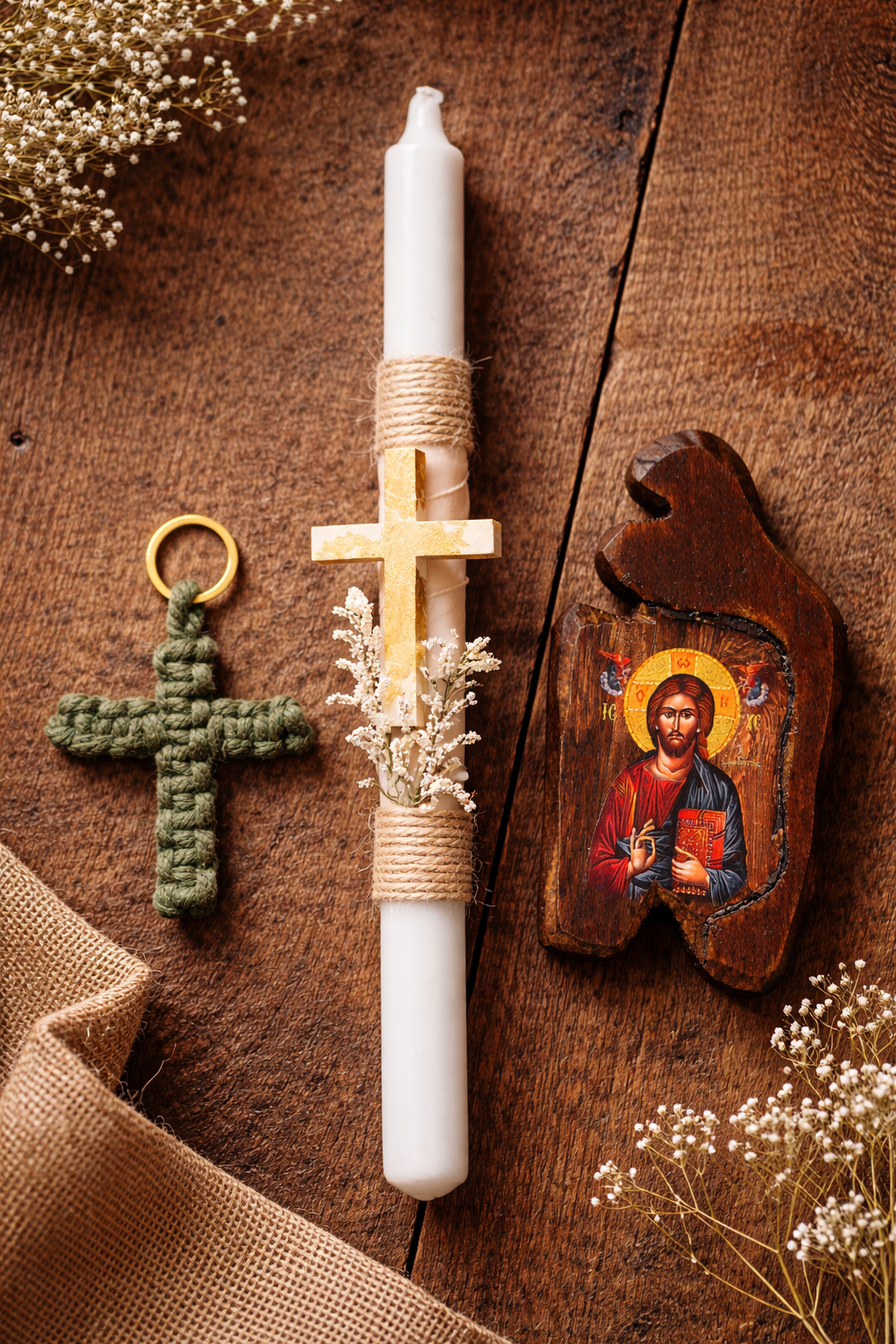 Pascha Candle, Icon & Cross Keychain Gift Set