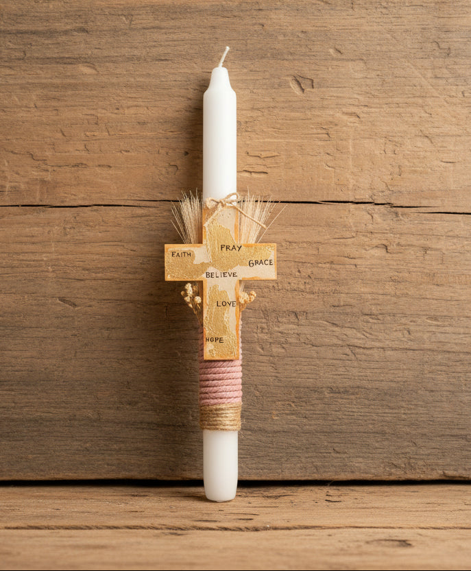 Pascha Anastasi Candle with Wooden Magnetic Cross (Pink)