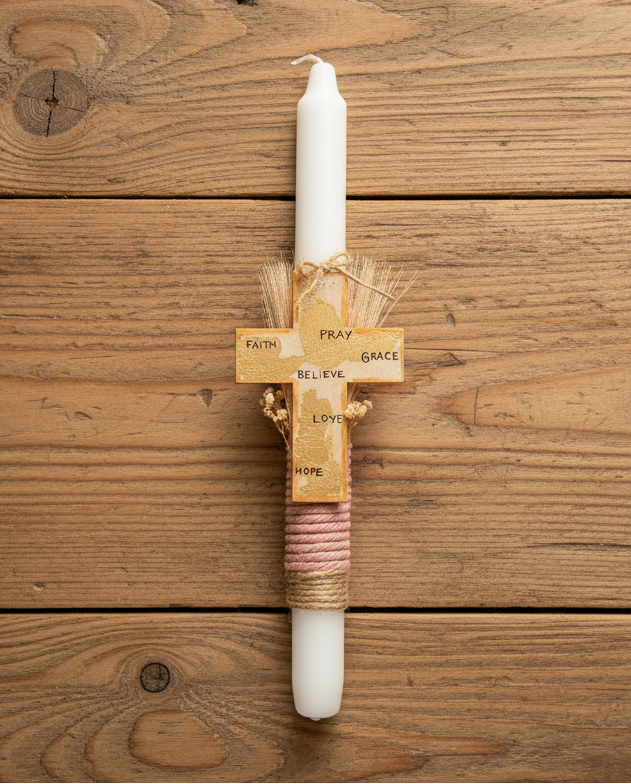Pascha Anastasi Candle with Wooden Magnetic Cross (Pink)