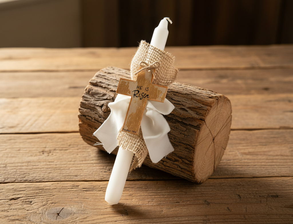 Pascha Anastasi Candle with “He Is Risen” Wooden Magnetic Cross