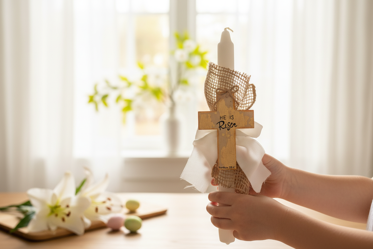 Pascha Anastasi Candle with “He Is Risen” Wooden Magnetic Cross