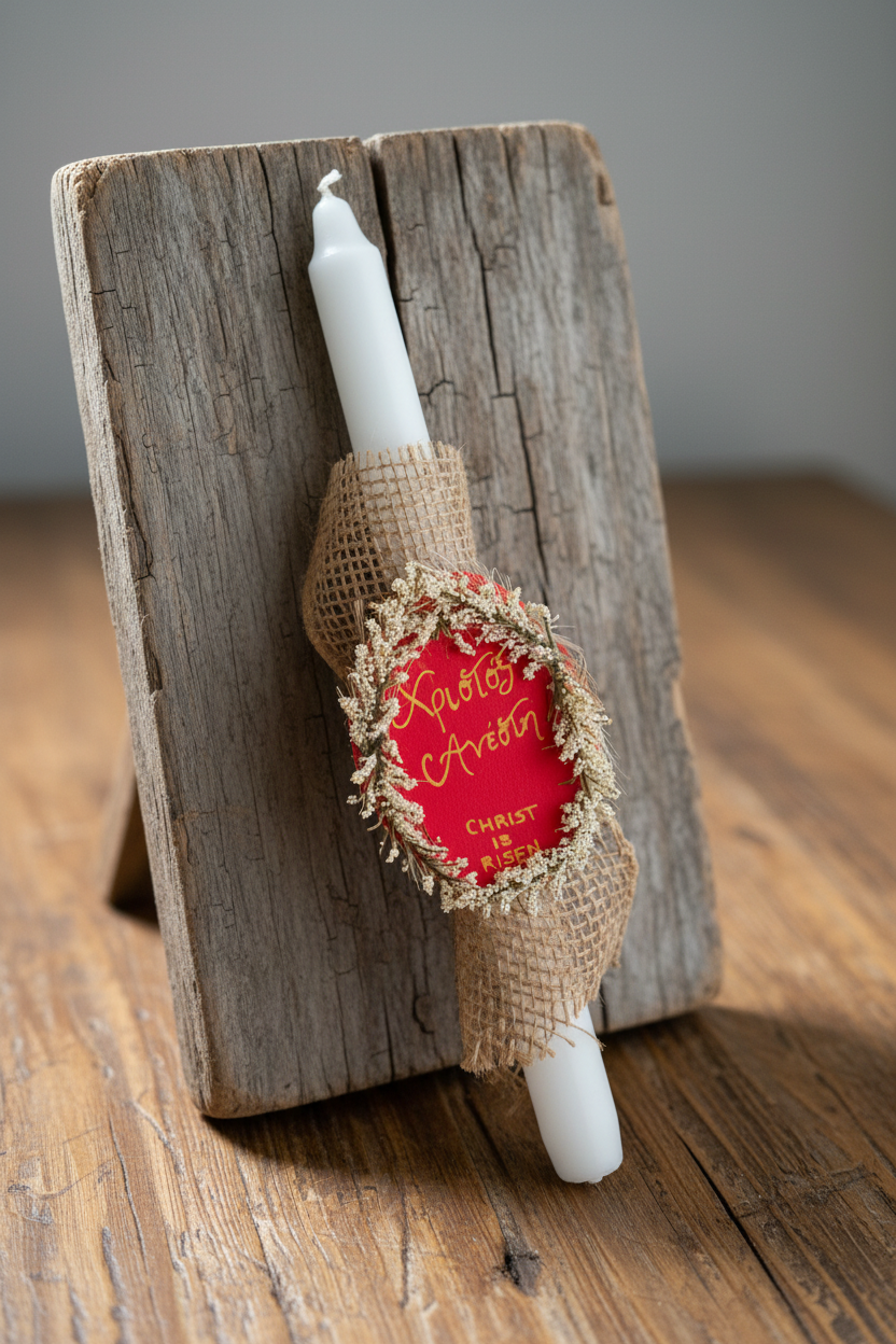 Rustic Pascha Anastasi Candle with “Christos Anesti” Decoration