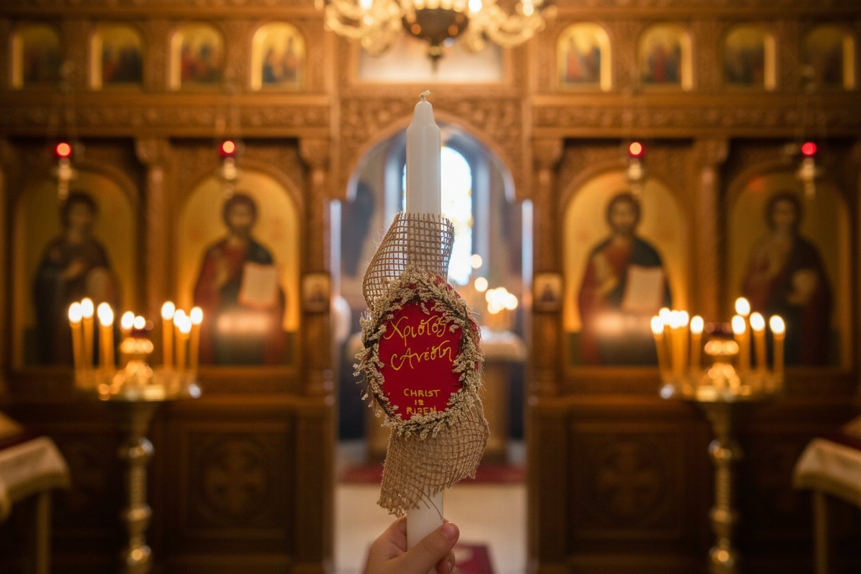 Rustic Pascha Anastasi Candle with “Christos Anesti” Decoration