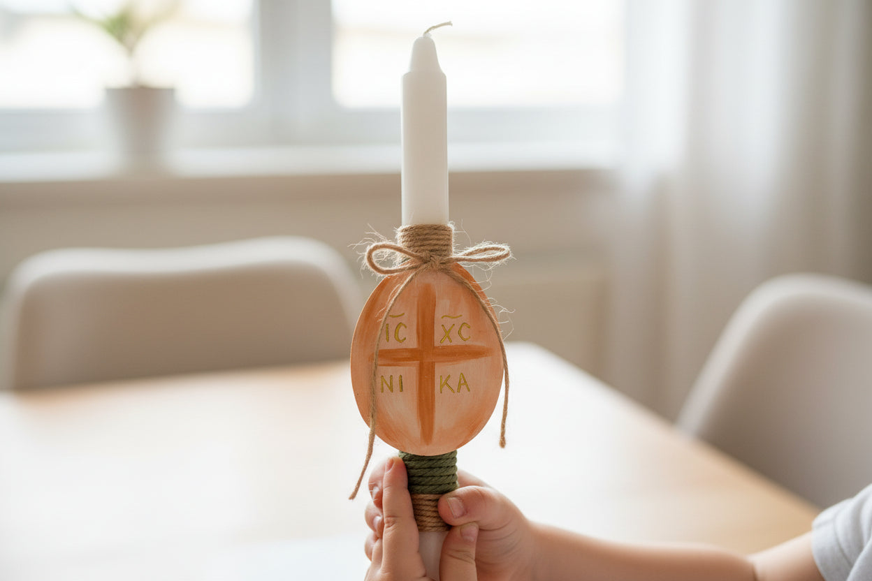 Pascha Anastasi Candle with Magnetic Wooden Egg Cross