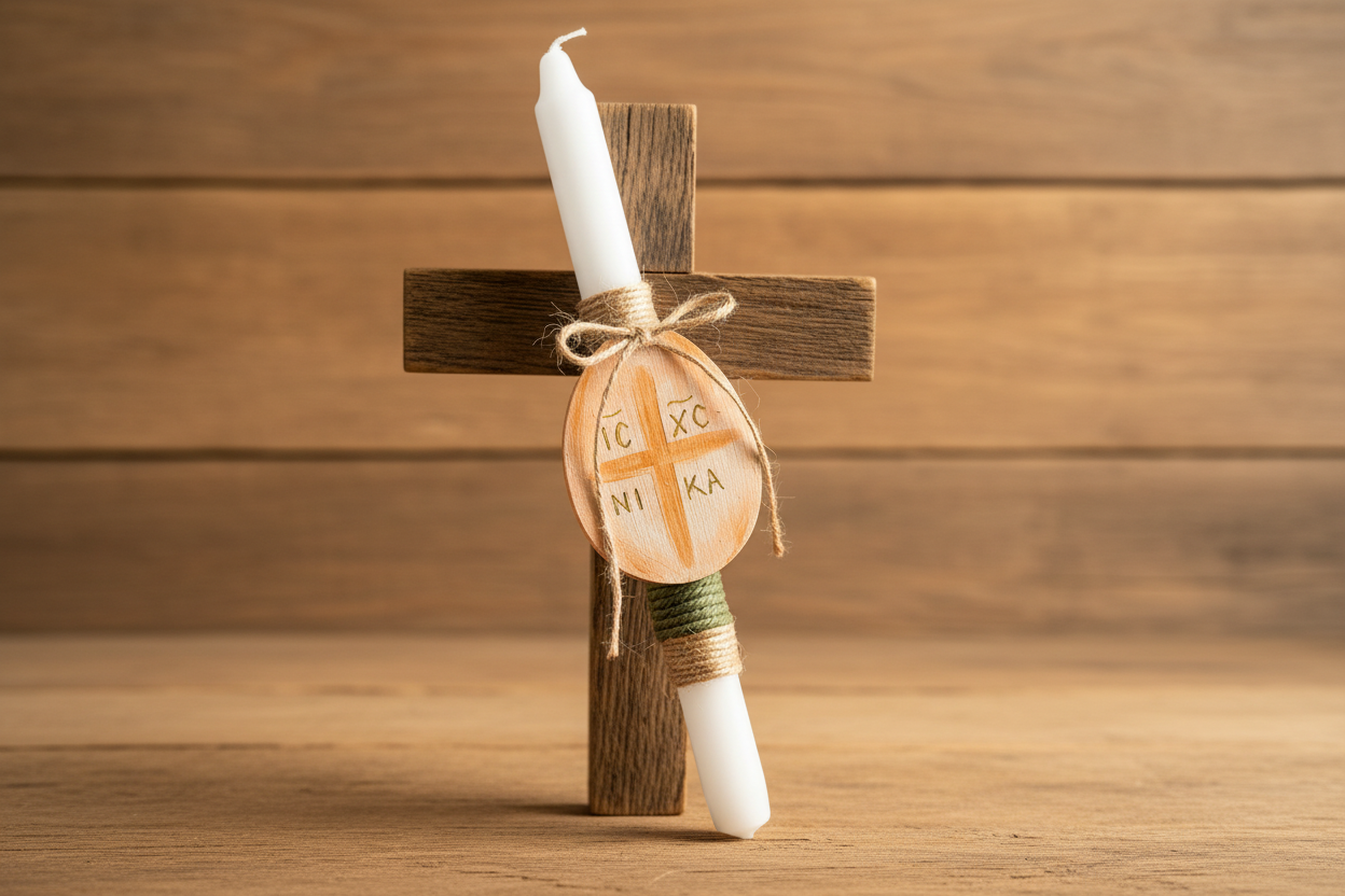 Pascha Anastasi Candle with Magnetic Wooden Egg Cross
