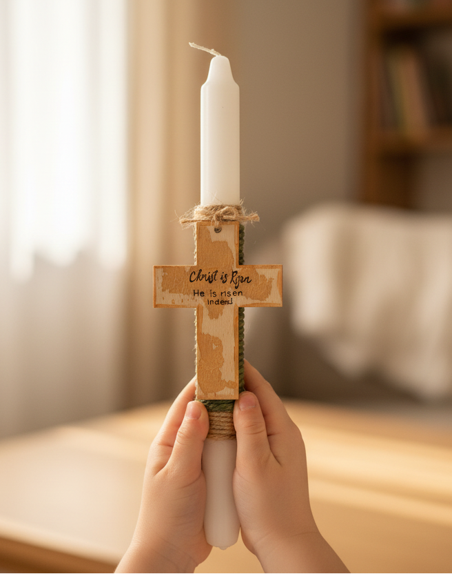 Pascha Anastasi Candle with Decorative Wooden Cross
