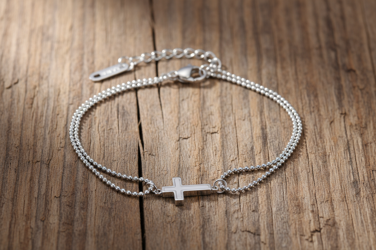 Cross Bracelet with Double Chain and Enamel